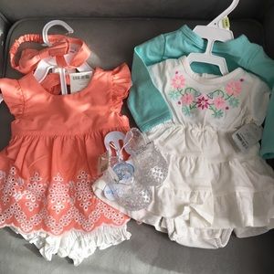 2 baby girl outfits with shoes and headband